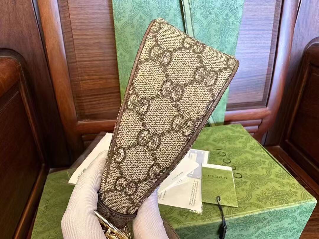 Gucci Ophidia GG Small Handbag in beige and ebony Supreme canvas features leather trim, the iconic green and red Web stripe, and a chain strap