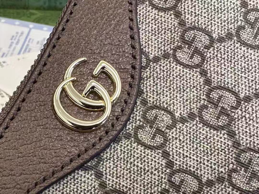 Gucci Ophidia GG Small Handbag in beige and ebony Supreme canvas features leather trim, the iconic green and red Web stripe, and a chain strap