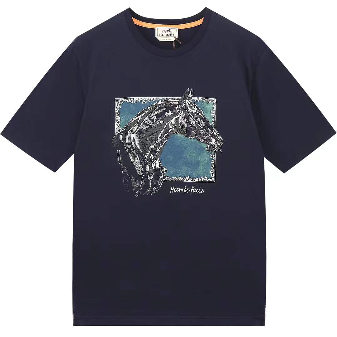 Hermès "Paris" cotton navy blue t-shirt featuring a detailed metallic-style horse graphic print.