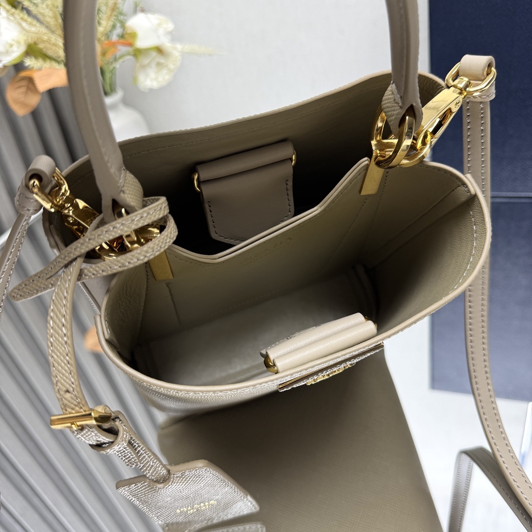 Prada Panier Small Saffiano Leather Bag in a beige or sand color