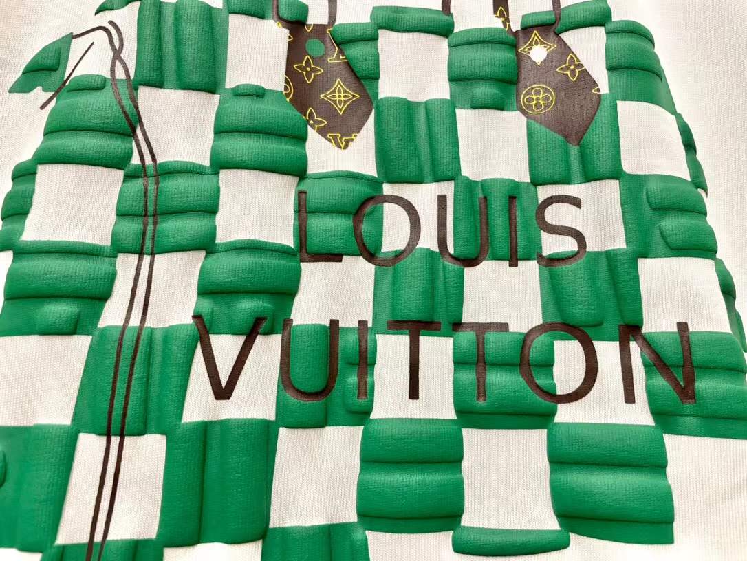 LV graphic t-shirt featuring a green and white Damier check patterned handbag design on the front