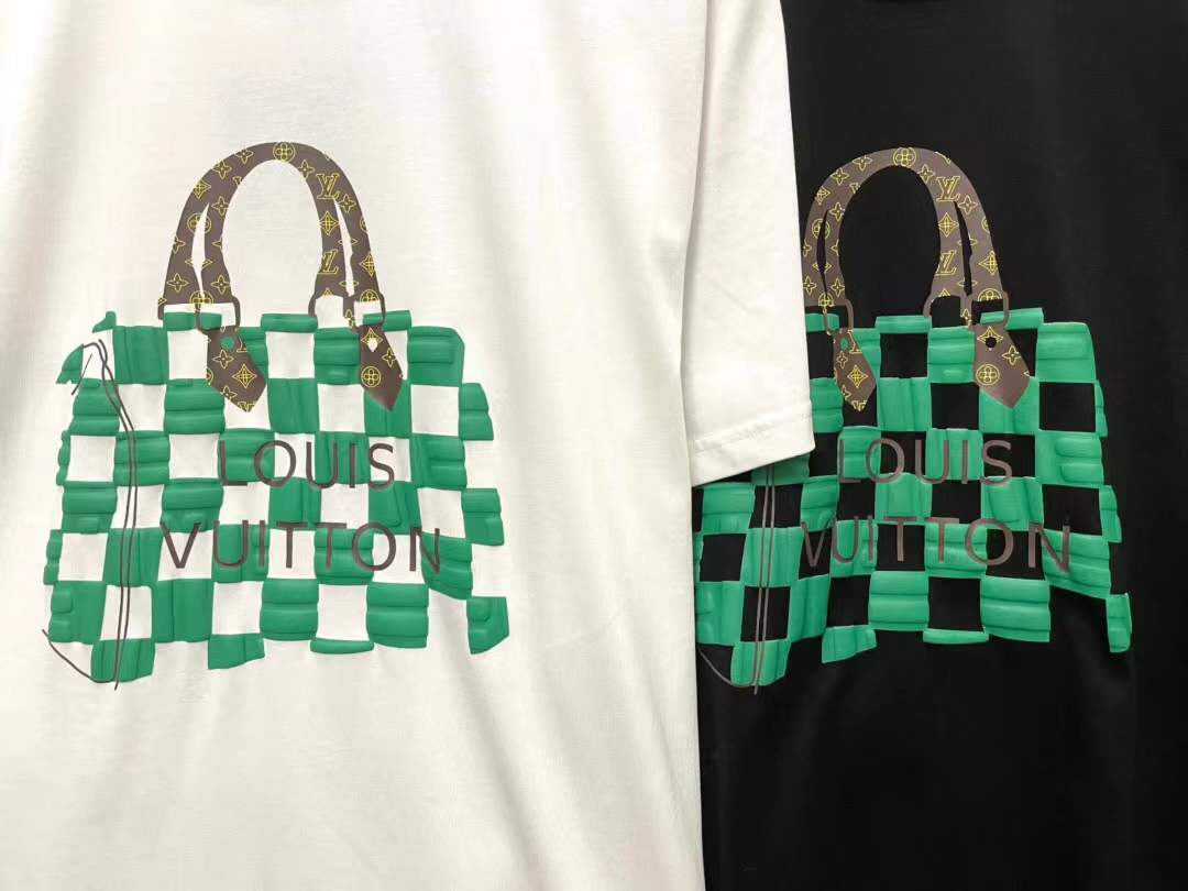 LV graphic t-shirt featuring a green and white Damier check patterned handbag design on the front