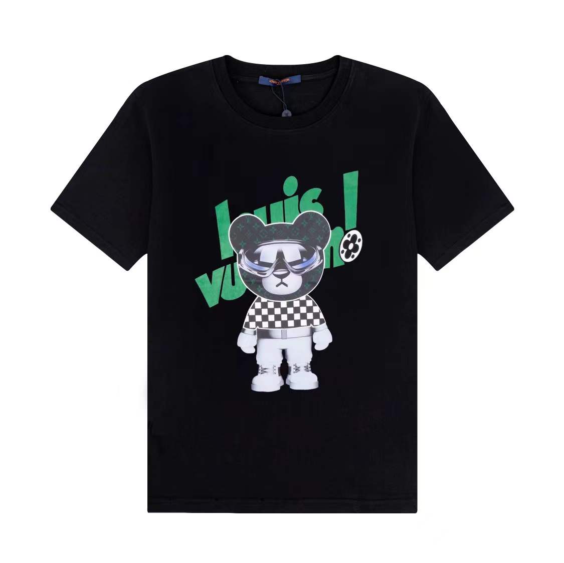 LV t-shirt features a graphic print of a teddy bear wearing futuristic sunglasses and a checkerboard pattern top