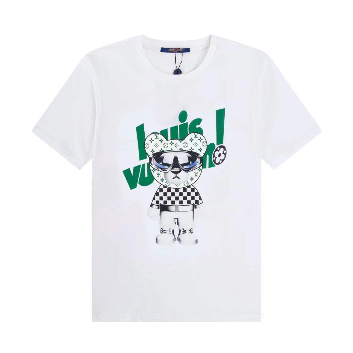 LV bear-graphic white crew neck T-shirt featuring a cartoon teddy bear wearing sunglasses and a checkerboard pattern outfit, prominently branded with "Louis Vuitton" text