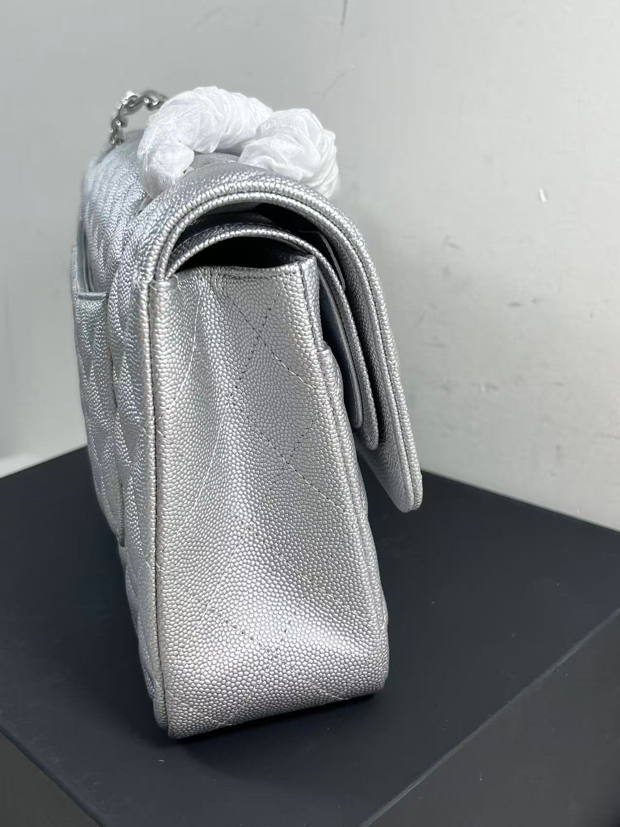 Chanel metallic silver quilted leather flap bag 25cm