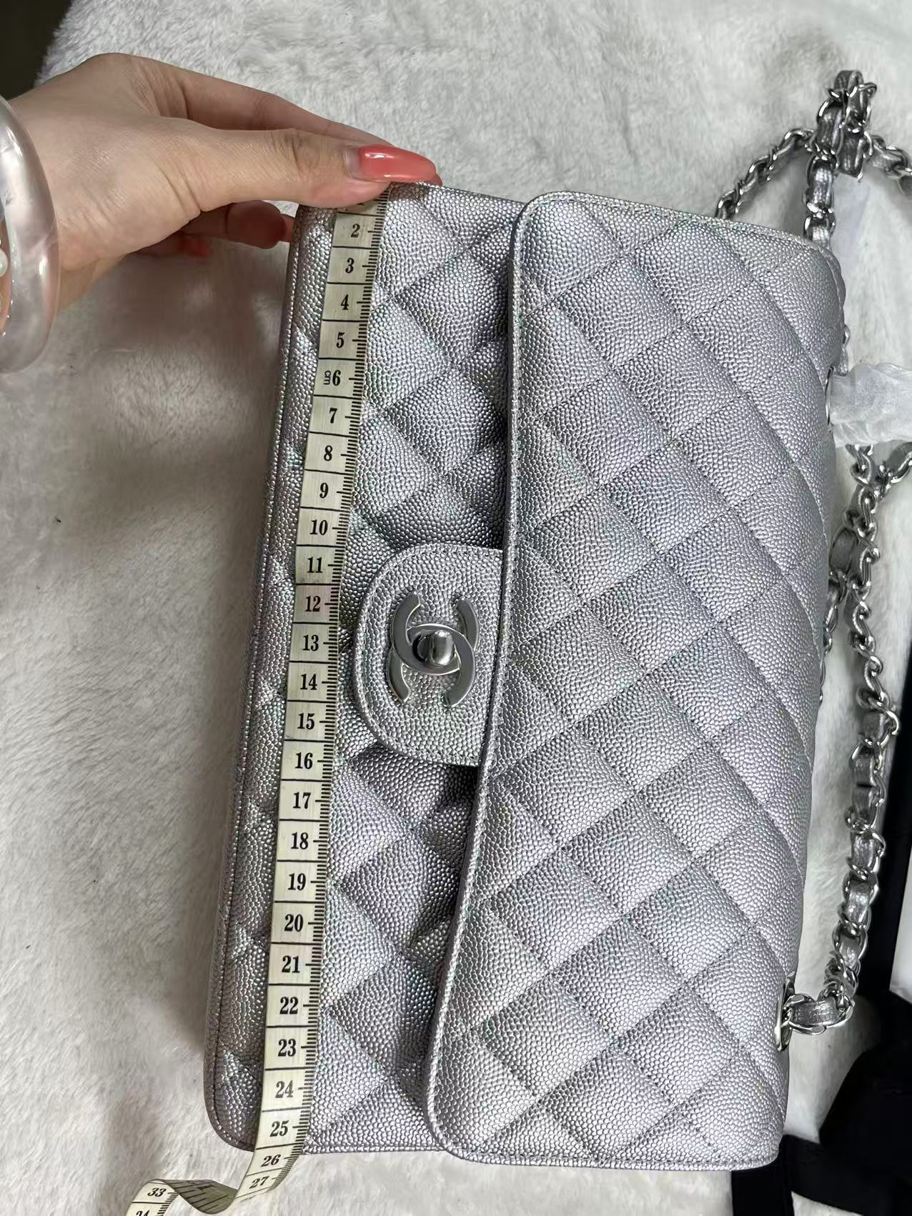 Chanel metallic silver quilted leather flap bag 25cm