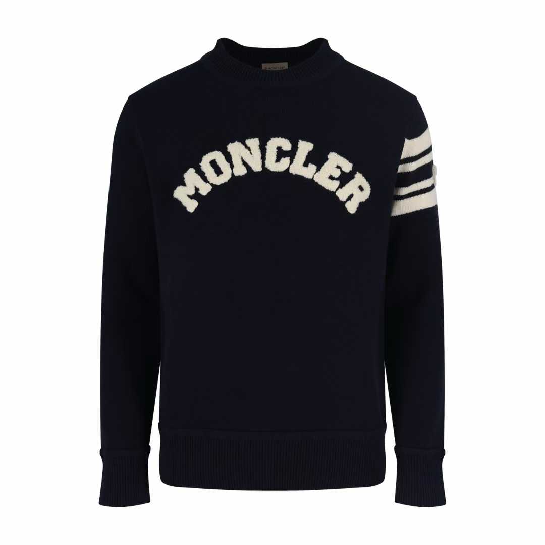 Moncler logo-embroidered striped-sleeve sweater navy blue cotton crewneck