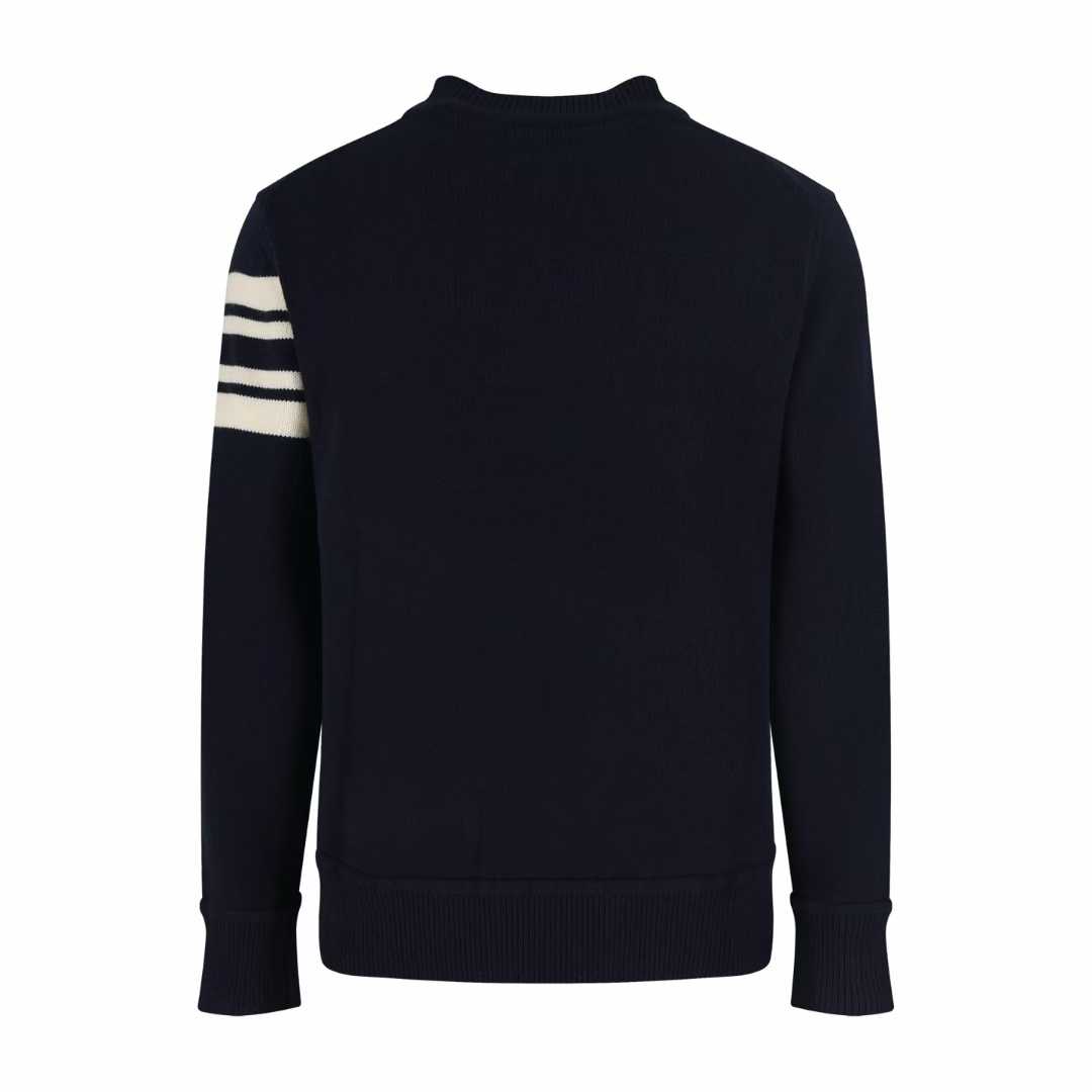 Moncler logo-embroidered striped-sleeve sweater navy blue cotton crewneck