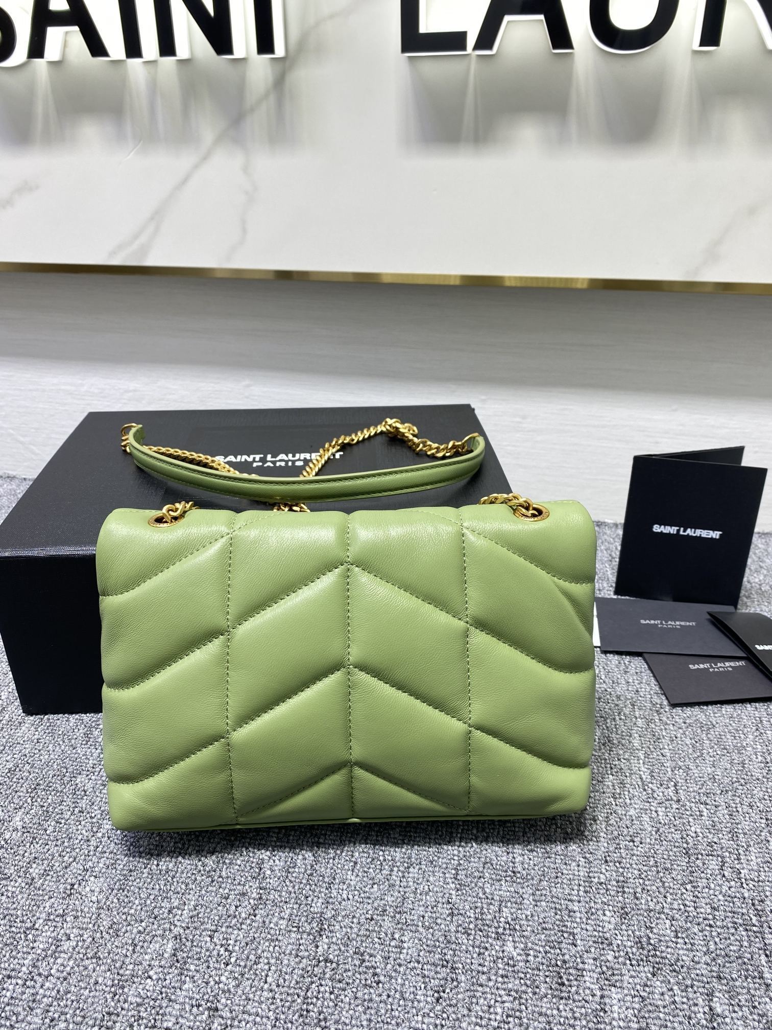 Saint Laurent Toy Puffer bag in quilted pistachio green lambskin leather with gold-tone hardware