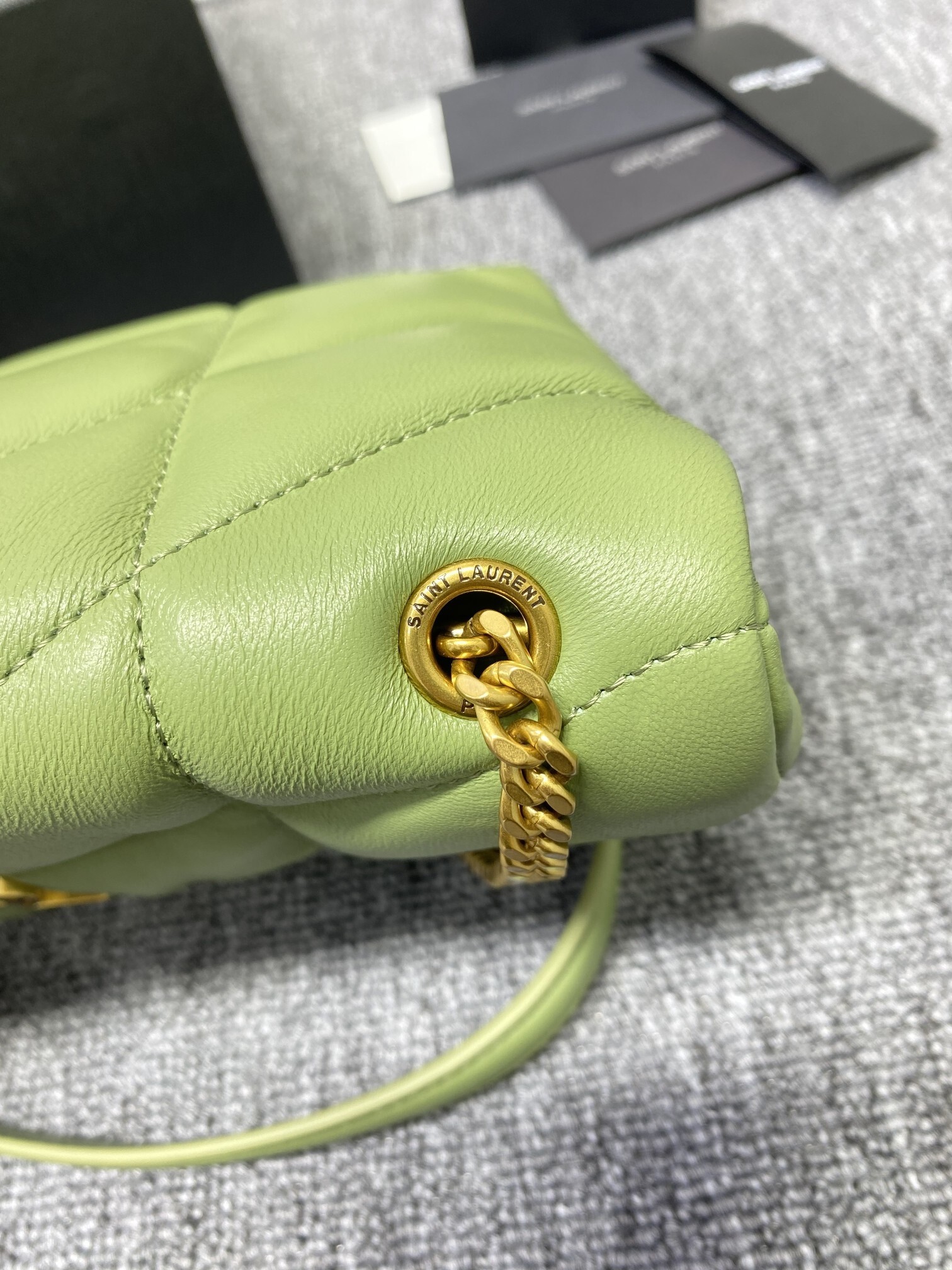 Saint Laurent Toy Puffer bag in quilted pistachio green lambskin leather with gold-tone hardware