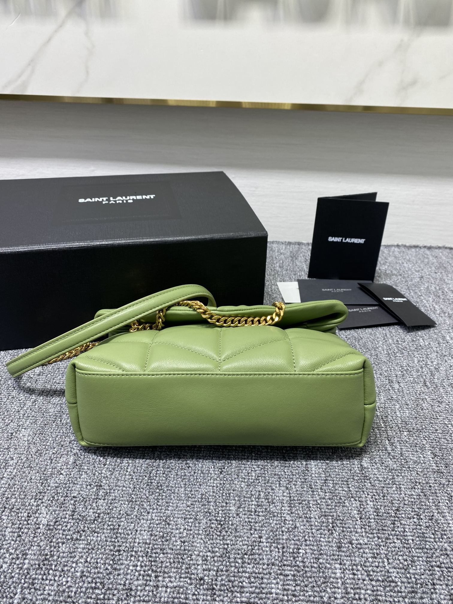 Saint Laurent Toy Puffer bag in quilted pistachio green lambskin leather with gold-tone hardware