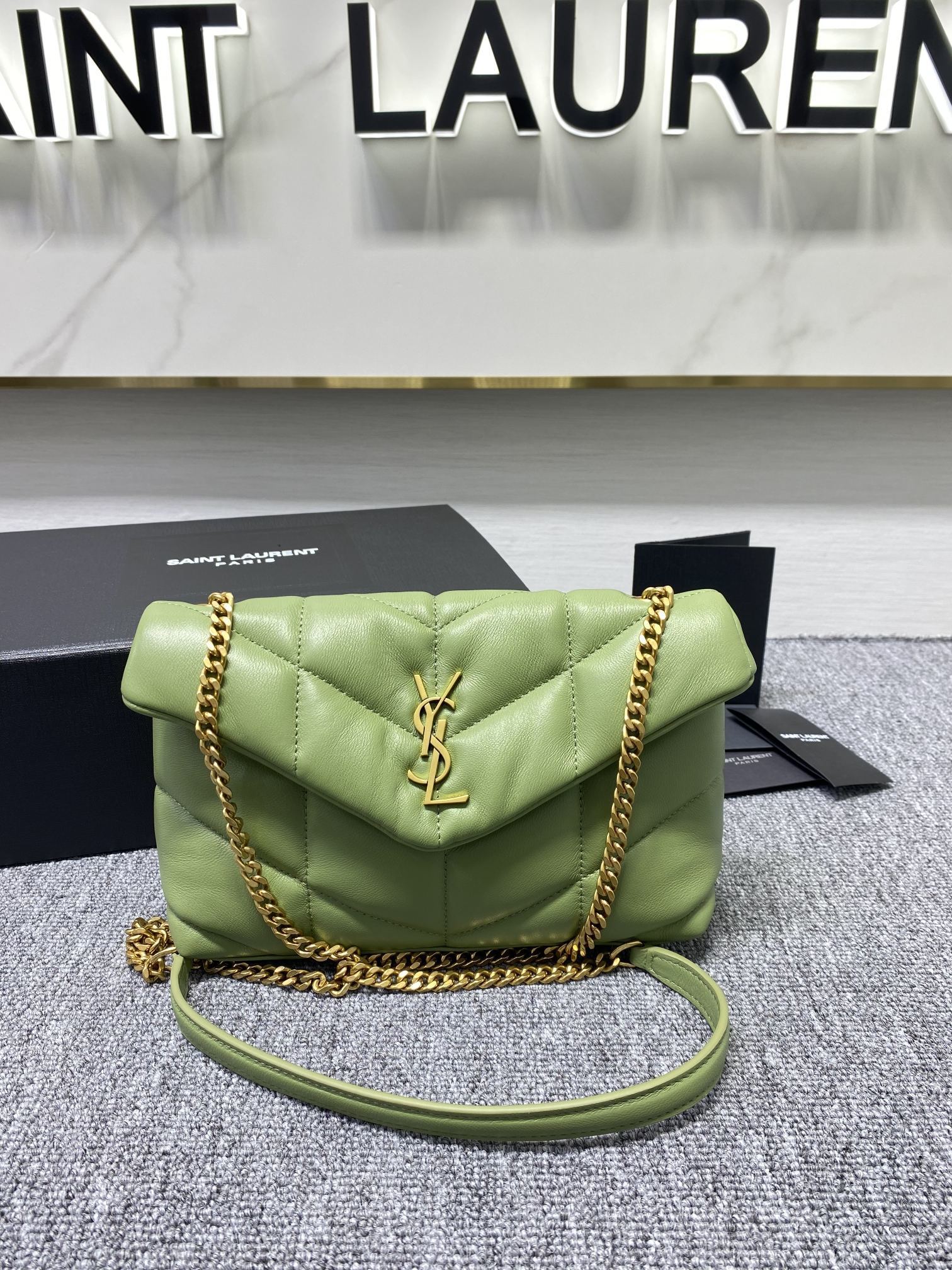 Saint Laurent Toy Puffer bag in quilted pistachio green lambskin leather with gold-tone hardware