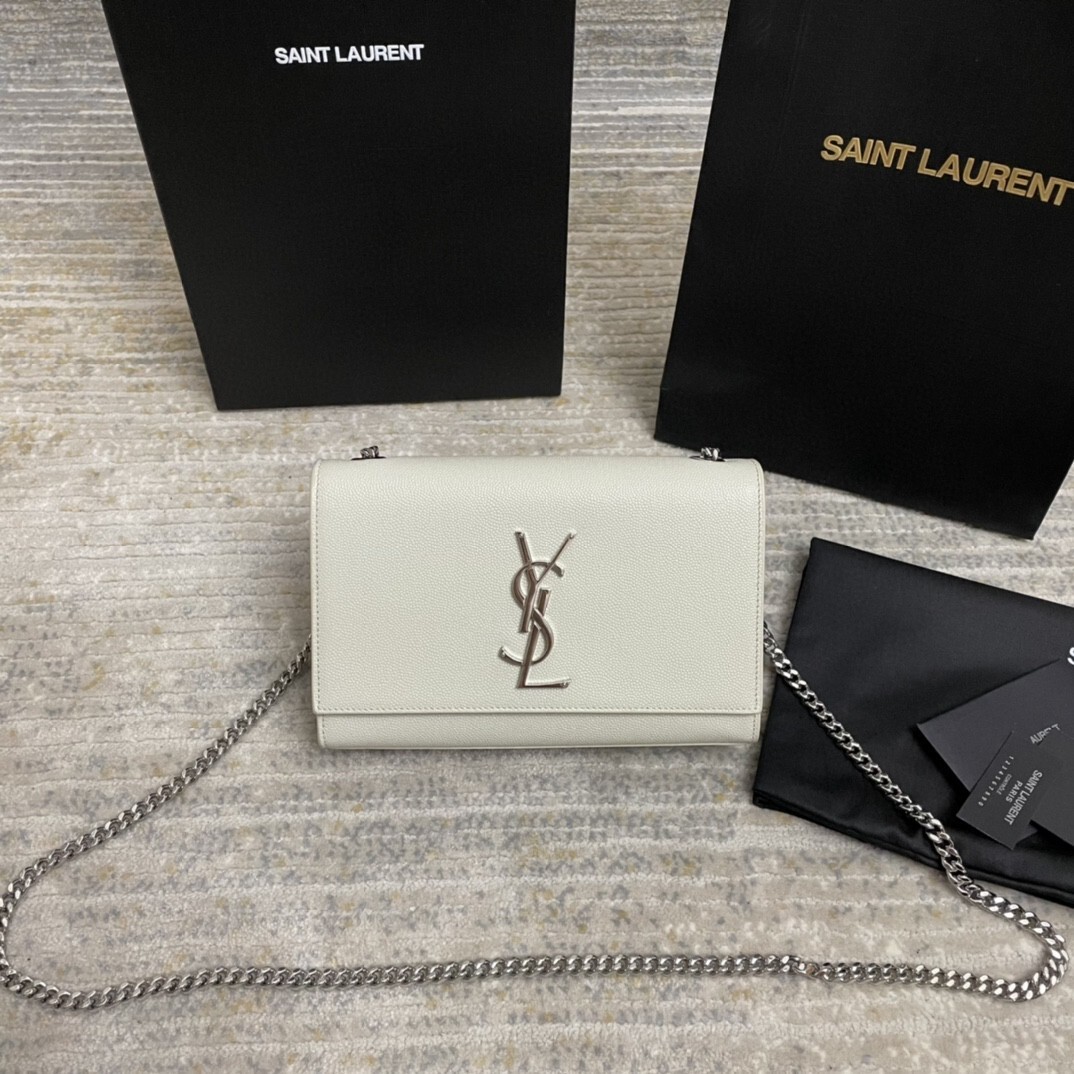 Saint Laurent Kate shoulder bag in white leather with silver-tone hardware and the iconic YSL logo