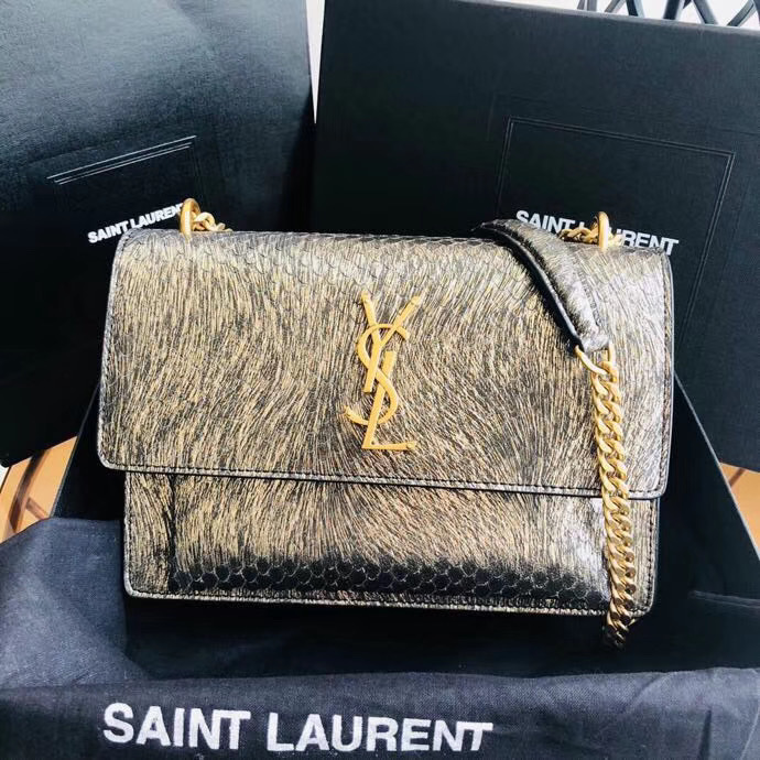 Saint Laurent Sunset Medium chain bag known for its structured accordion silhouette and iconic YSL monogram hardware