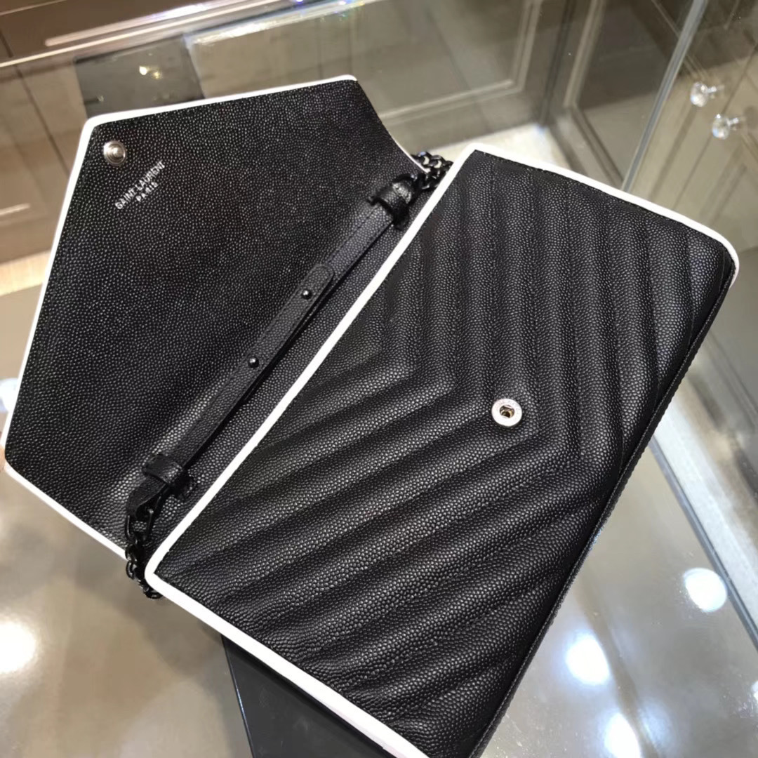 Saint Laurent Envelope Quilted Leather Chain Wallet featuring chevron stitching, tonal hardware, and white trim