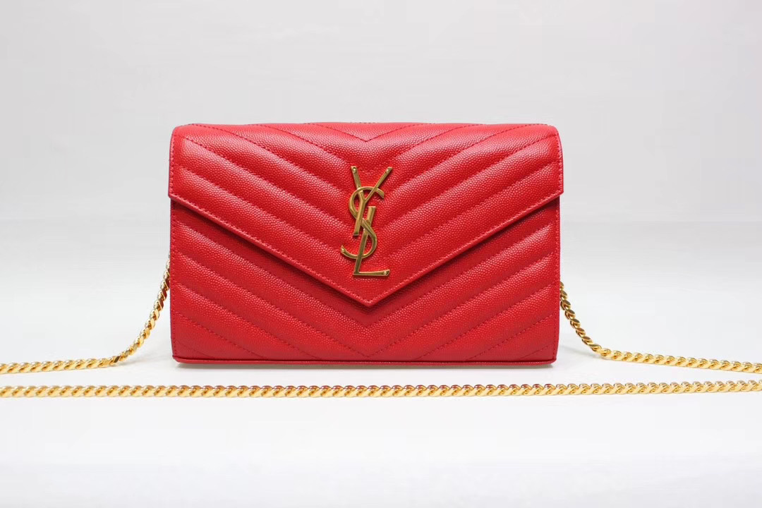 Saint Laurent Red Grain De Poudre Matelasse Chevron Monogram Chain Wallet