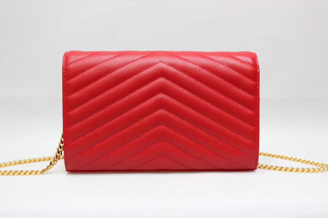 Saint Laurent Red Grain De Poudre Matelasse Chevron Monogram Chain Wallet