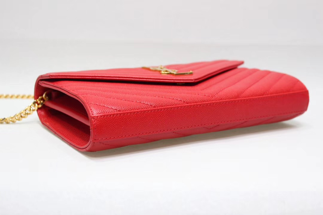 Saint Laurent Red Grain De Poudre Matelasse Chevron Monogram Chain Wallet