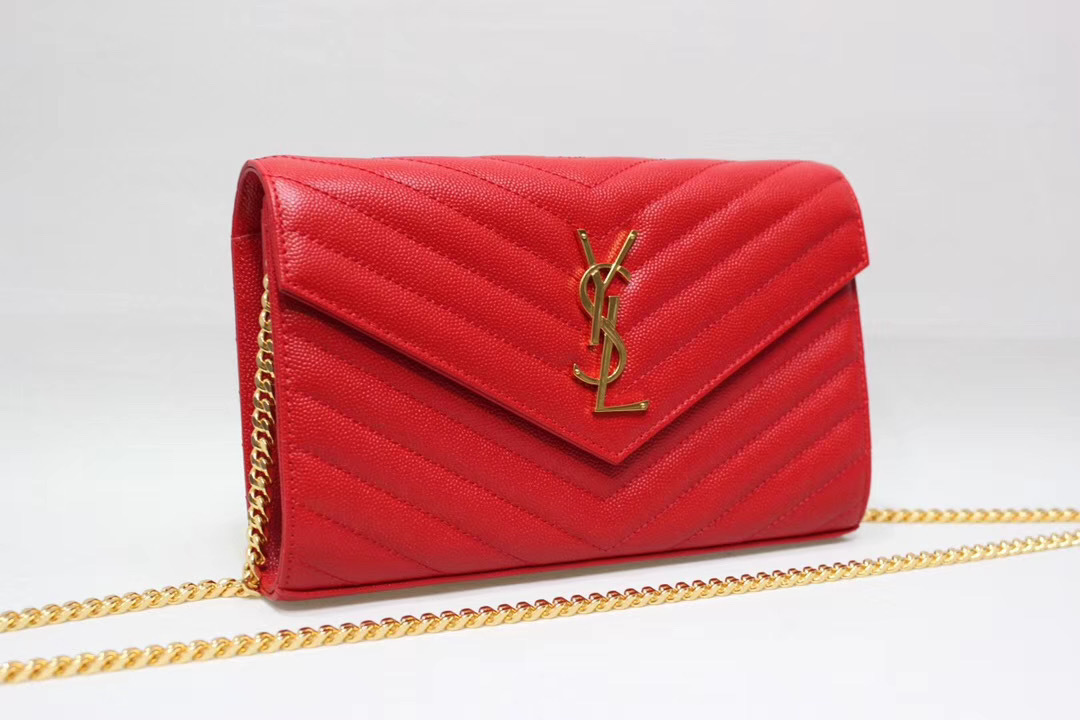 Saint Laurent Red Grain De Poudre Matelasse Chevron Monogram Chain Wallet