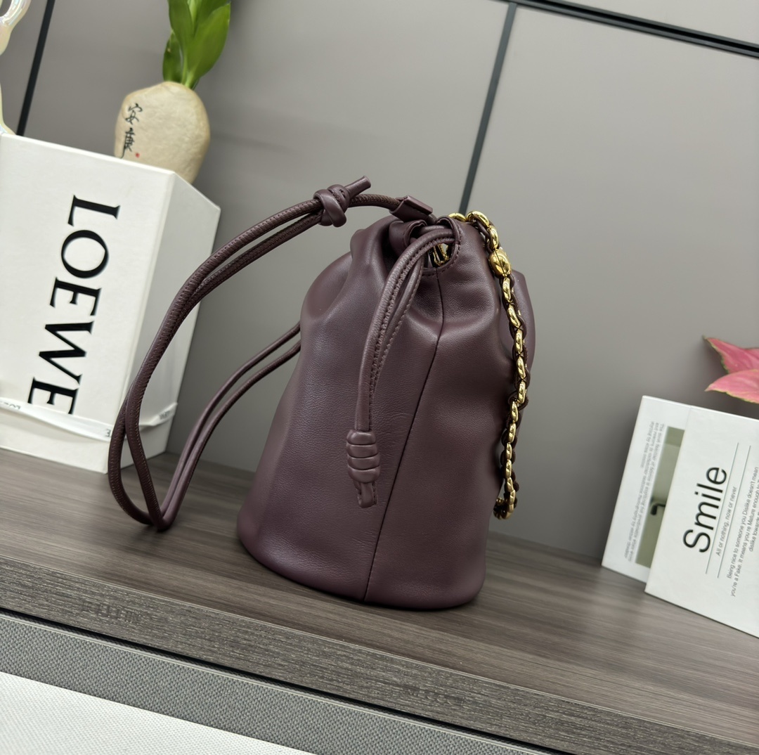Loewe Paula's Ibiza Flamenco Bucket Bag in dark burgundy nappa leather with a gold-toned chain handle