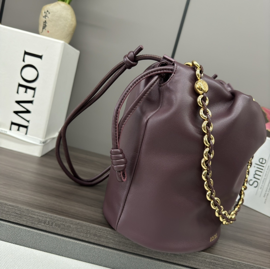 Loewe Paula's Ibiza Flamenco Bucket Bag in dark burgundy nappa leather with a gold-toned chain handle
