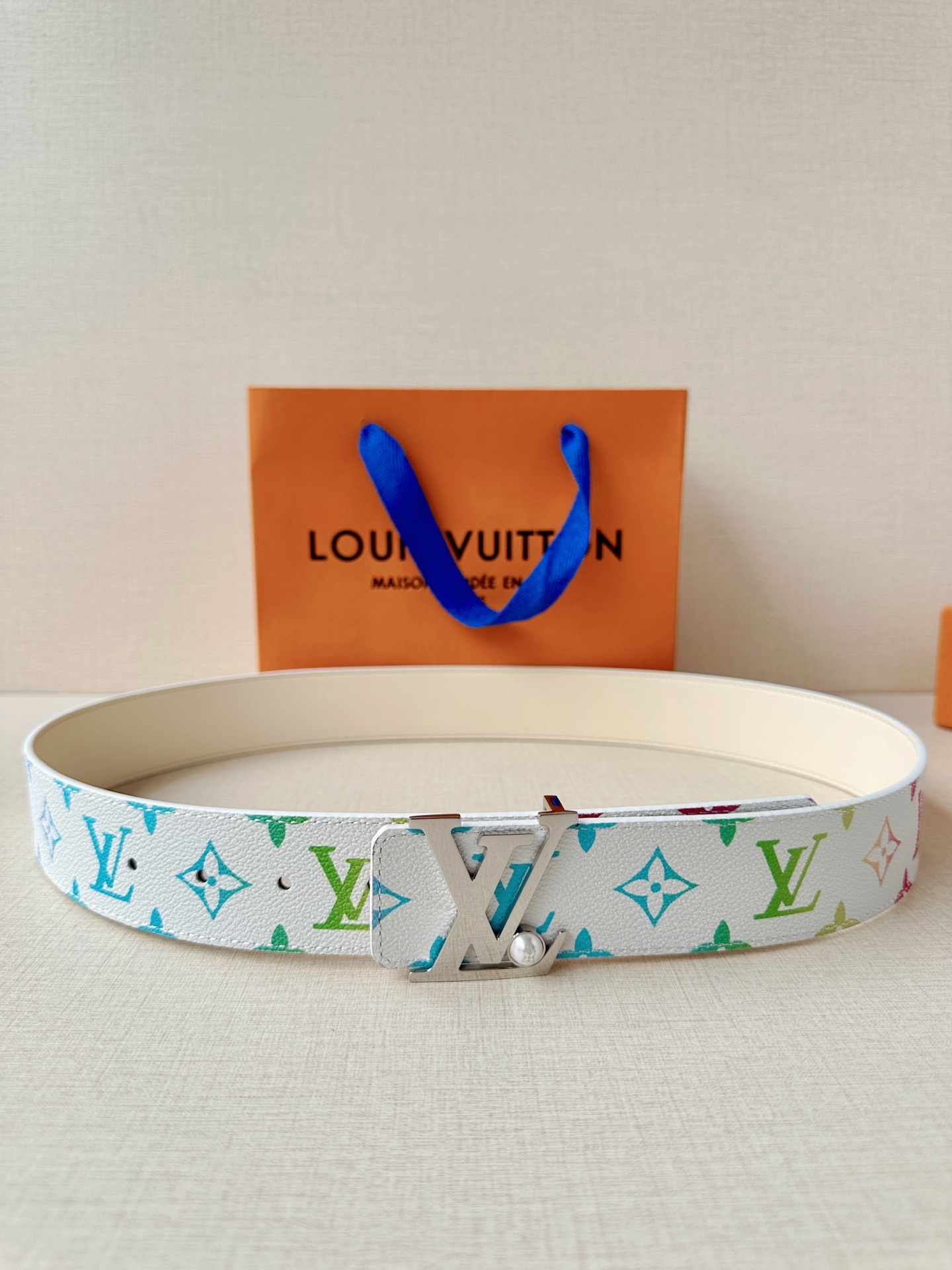 LV White Multicolor Monogram Canvas studded belt