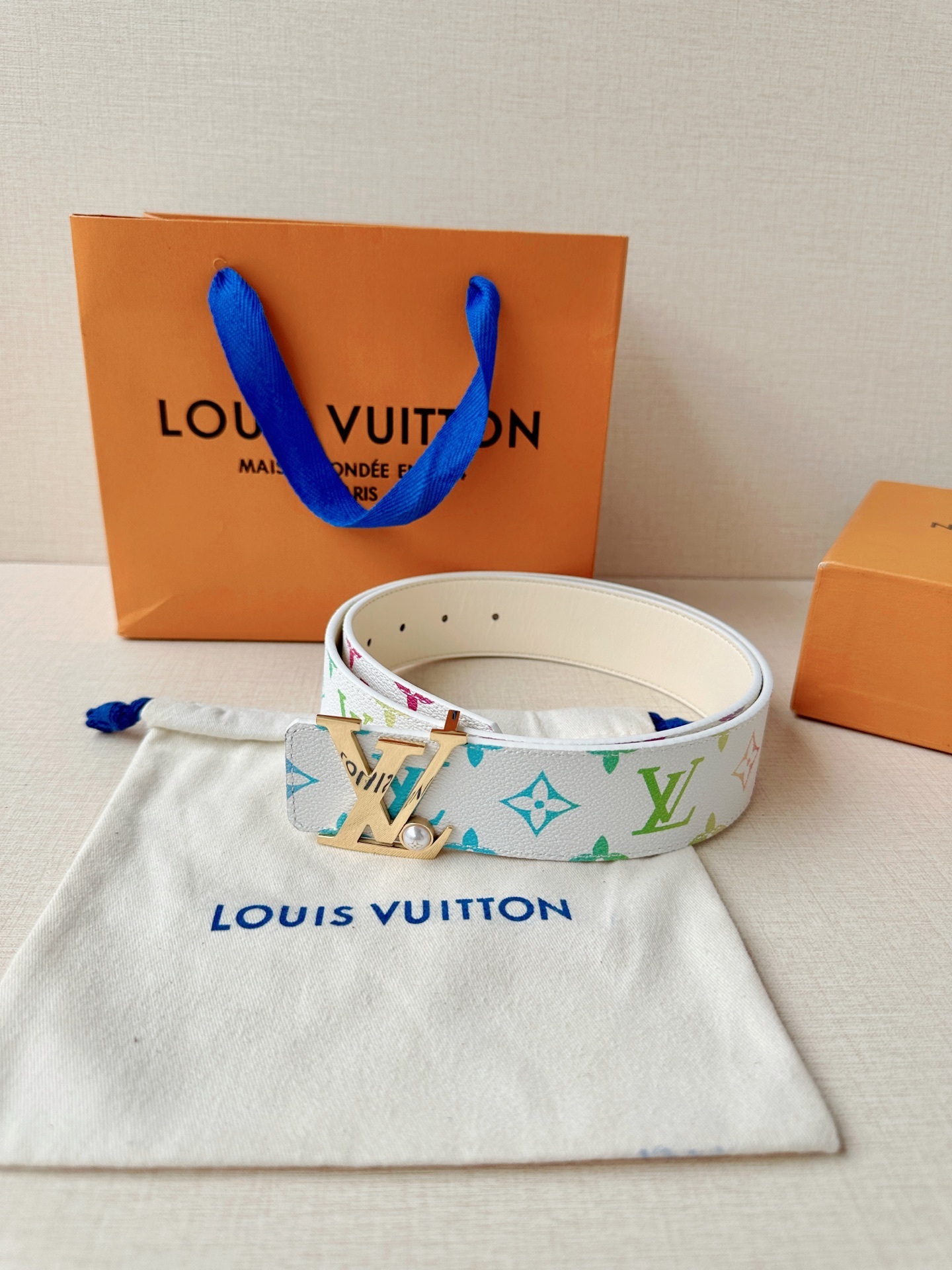 LV White Multicolor Monogram Canvas studded belt