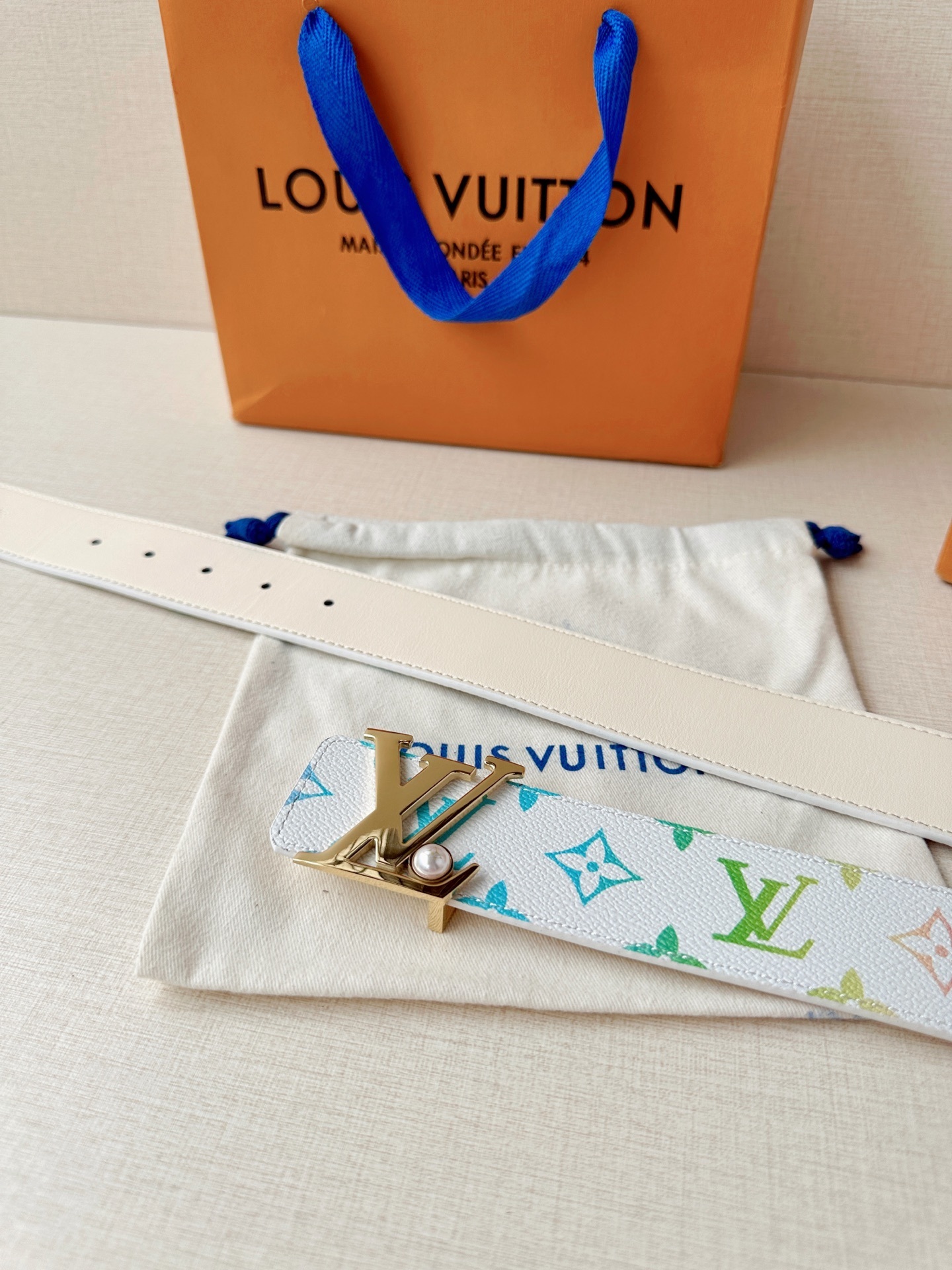 LV White Multicolor Monogram Canvas studded belt