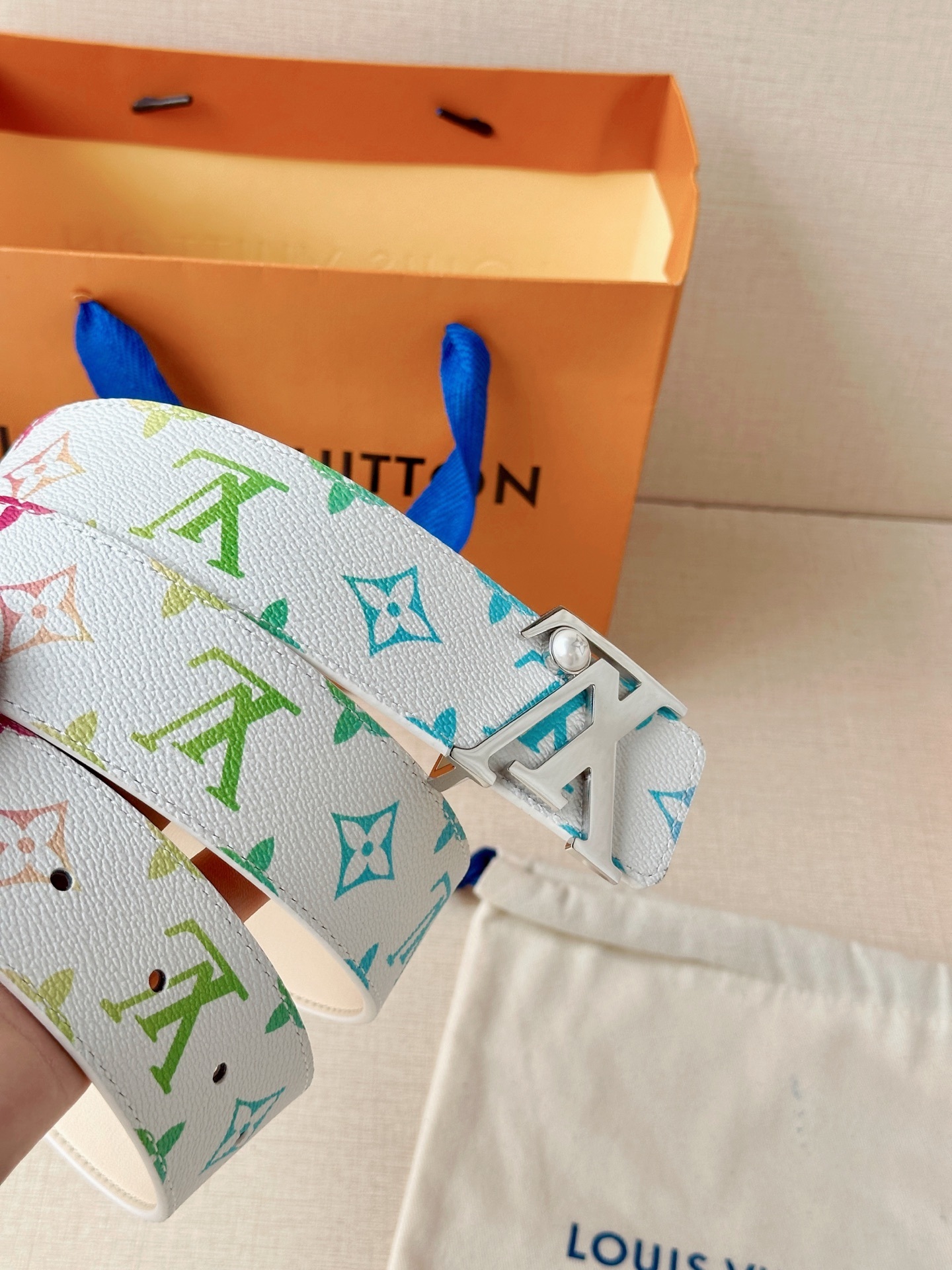 LV White Multicolor Monogram Canvas studded belt