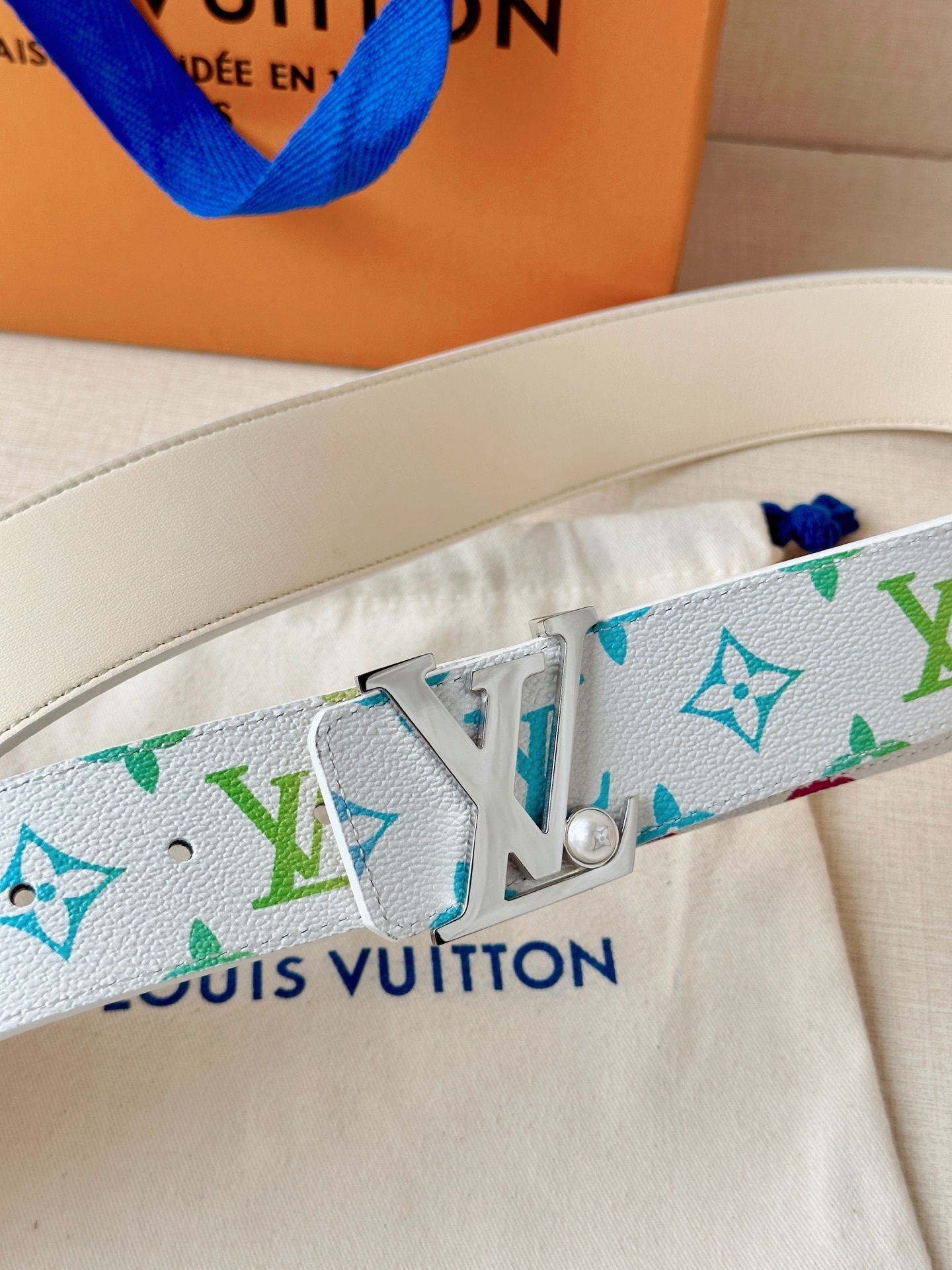 LV White Multicolor Monogram Canvas studded belt
