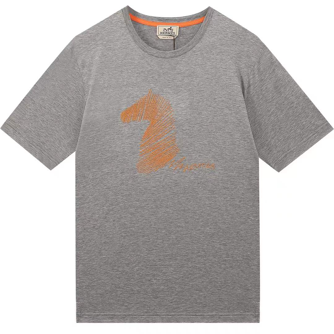 Hermes gray crew neck t-shirt featuring a stylized orange horse logo on the chest