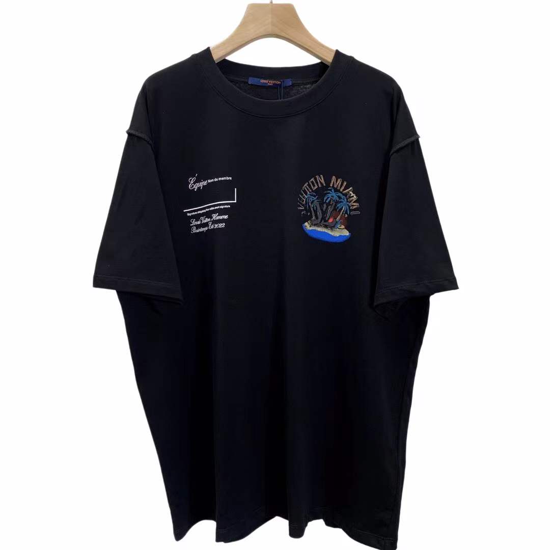 LV black crew neck T-shirt appears to be from the AMIRI X MAISON MIHARA YASUHIRO collaboration, showcasing a unique graphic design on the chest