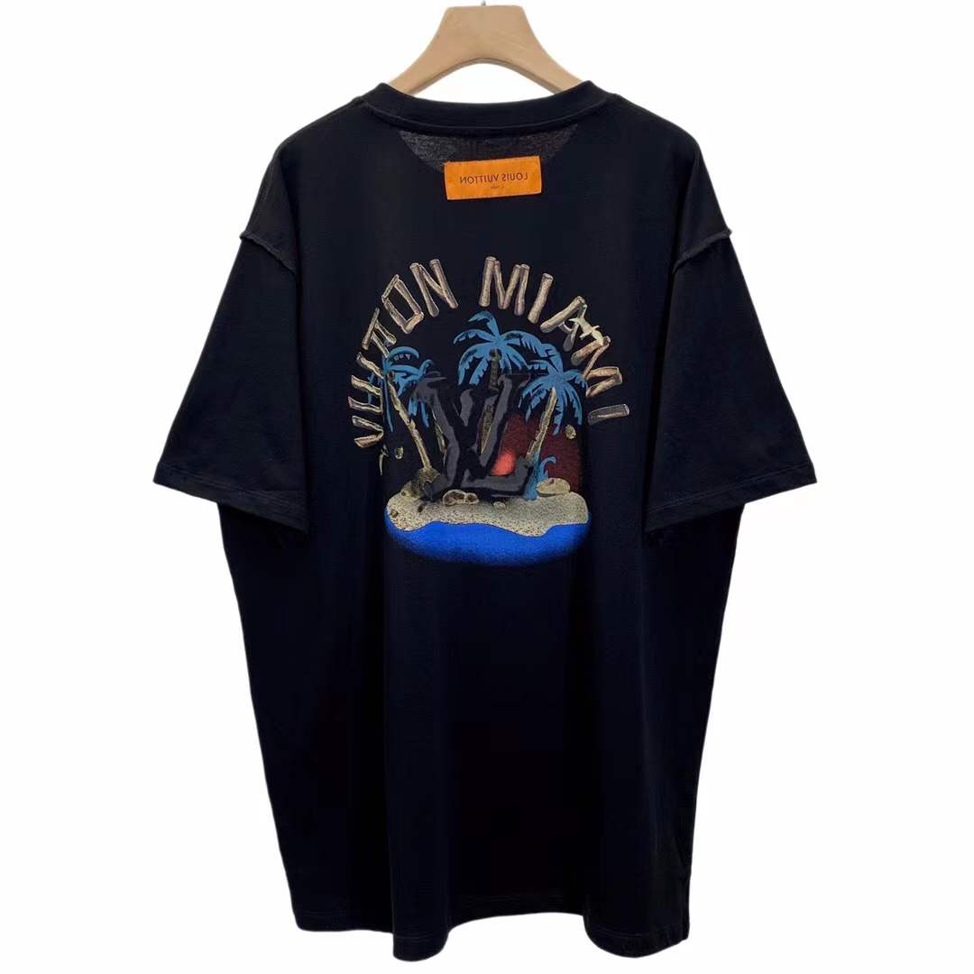 LV black crew neck T-shirt appears to be from the AMIRI X MAISON MIHARA YASUHIRO collaboration, showcasing a unique graphic design on the chest