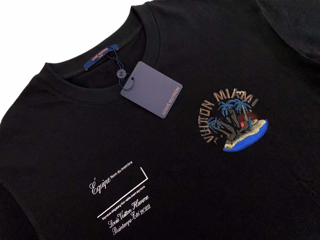 LV black crew neck T-shirt appears to be from the AMIRI X MAISON MIHARA YASUHIRO collaboration, showcasing a unique graphic design on the chest