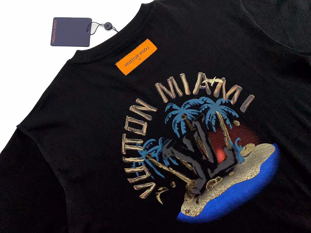 LV black crew neck T-shirt appears to be from the AMIRI X MAISON MIHARA YASUHIRO collaboration, showcasing a unique graphic design on the chest