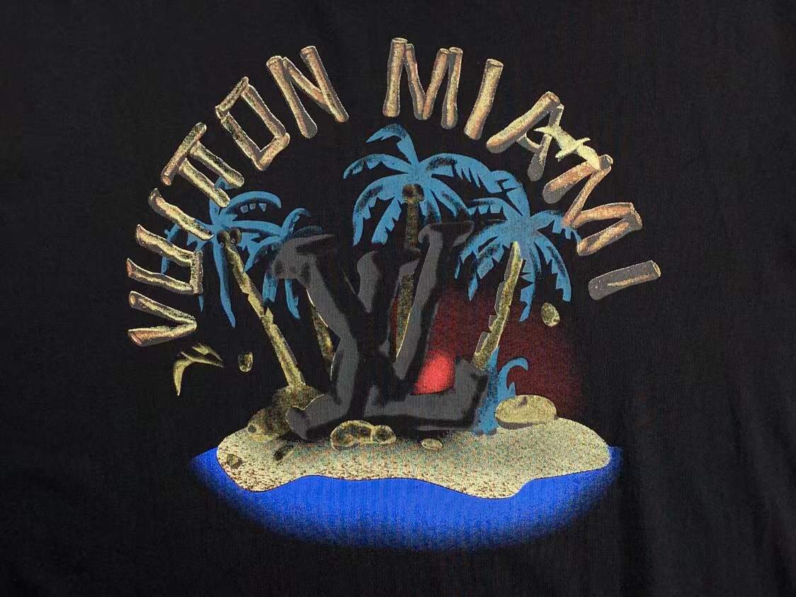 LV black crew neck T-shirt appears to be from the AMIRI X MAISON MIHARA YASUHIRO collaboration, showcasing a unique graphic design on the chest