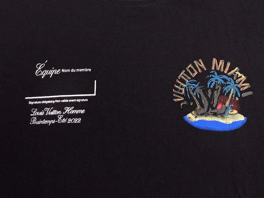 LV black crew neck T-shirt appears to be from the AMIRI X MAISON MIHARA YASUHIRO collaboration, showcasing a unique graphic design on the chest