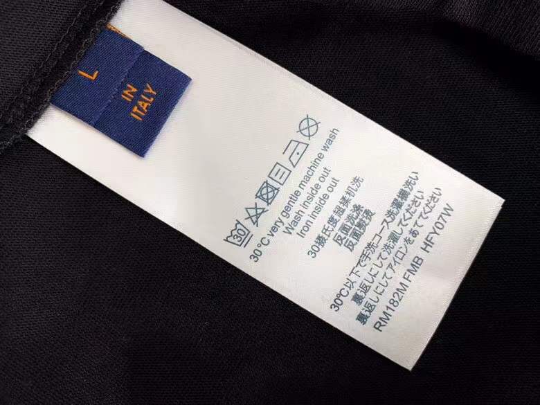 LV black crew neck T-shirt appears to be from the AMIRI X MAISON MIHARA YASUHIRO collaboration, showcasing a unique graphic design on the chest