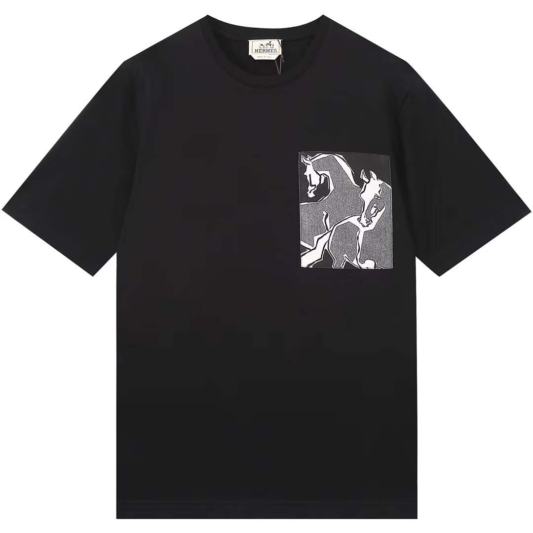 Hermès crew neck t-shirt featuring a unique graphic print of horses in a pocket-like design on the front