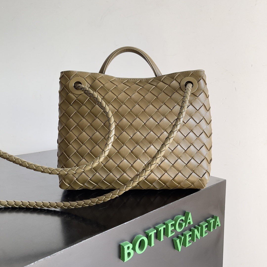 Bottega Veneta Andiamo Small Top Handle Bag in Khaki featuring a signature woven Intrecciato leather design.