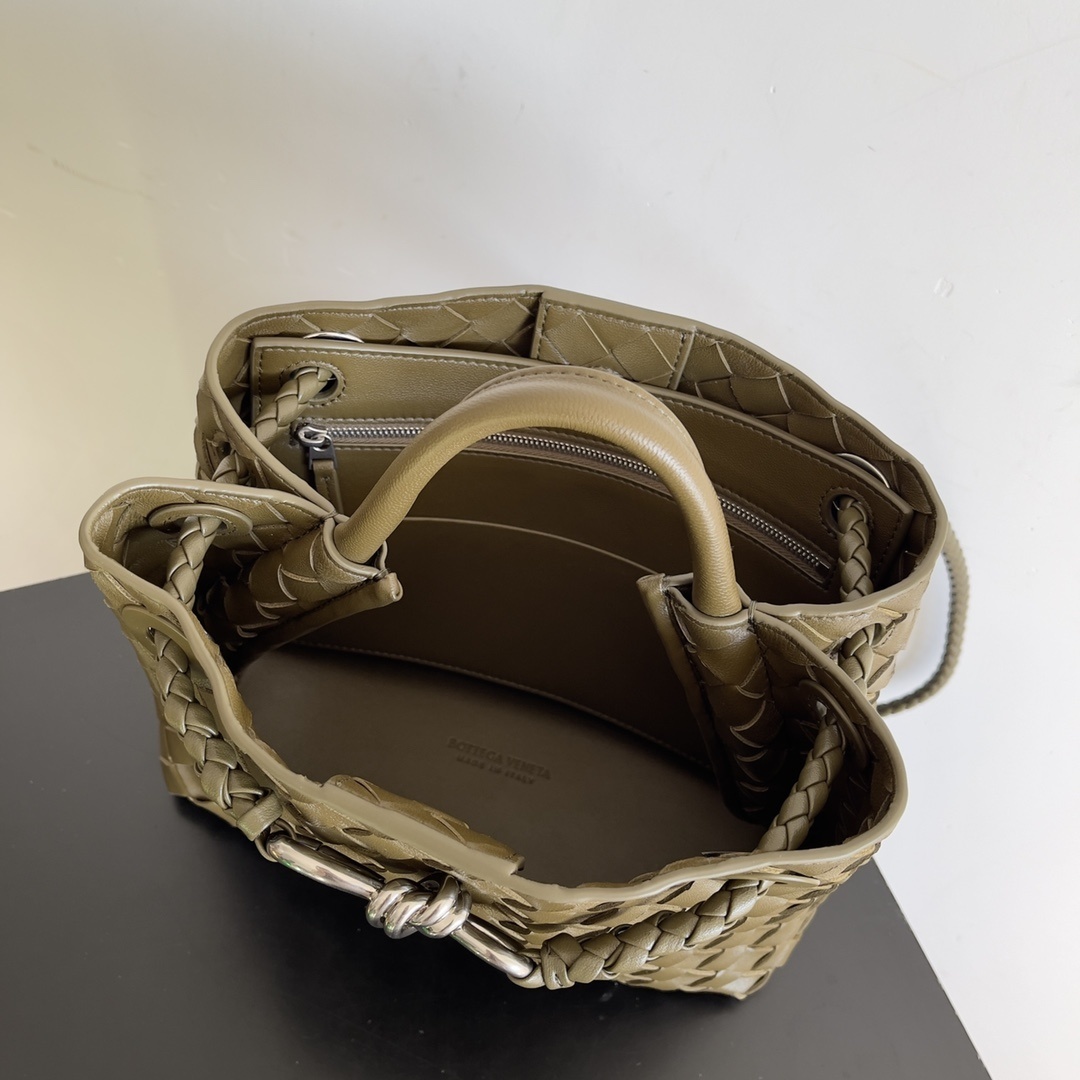 Bottega Veneta Andiamo Small Top Handle Bag in Khaki featuring a signature woven Intrecciato leather design.