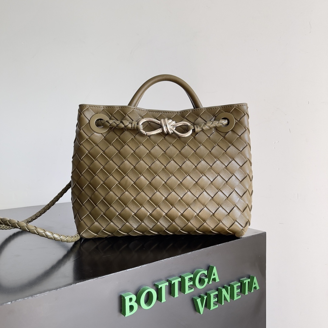 Bottega Veneta Andiamo Small Top Handle Bag in Khaki featuring a signature woven Intrecciato leather design.