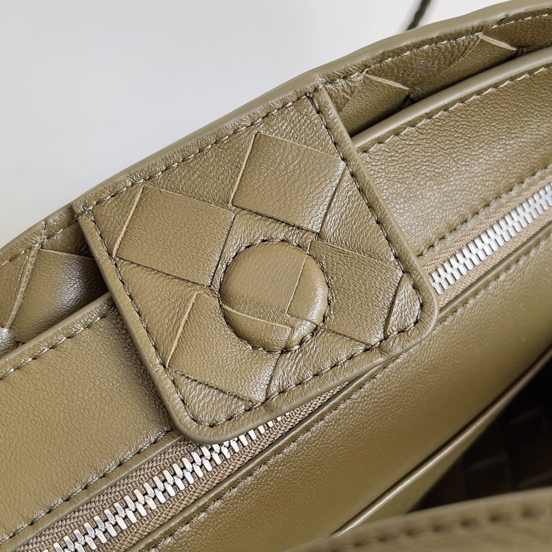 Bottega Veneta Andiamo Small Top Handle Bag in Khaki featuring a signature woven Intrecciato leather design.