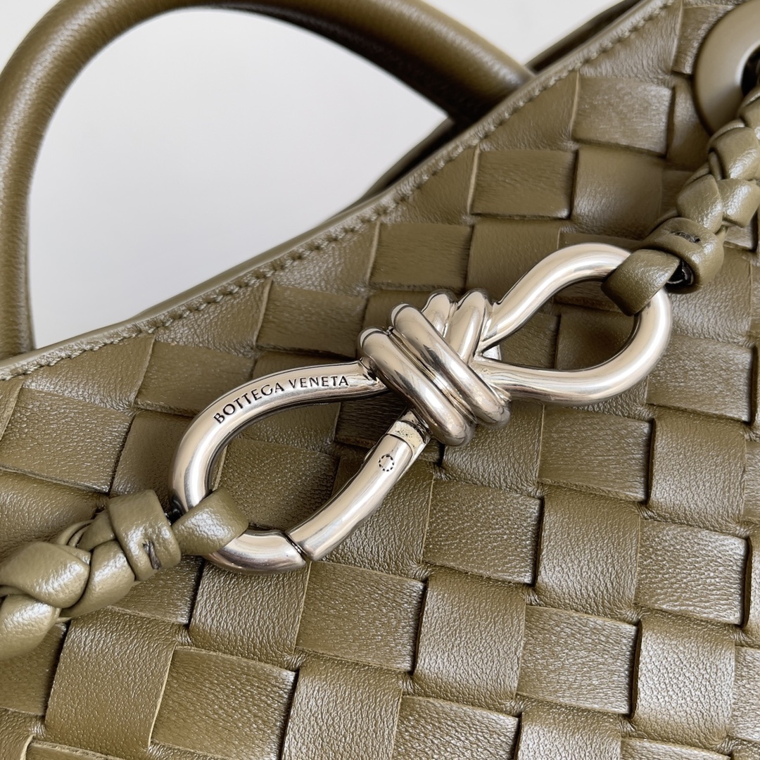 Bottega Veneta Andiamo Small Top Handle Bag in Khaki featuring a signature woven Intrecciato leather design.