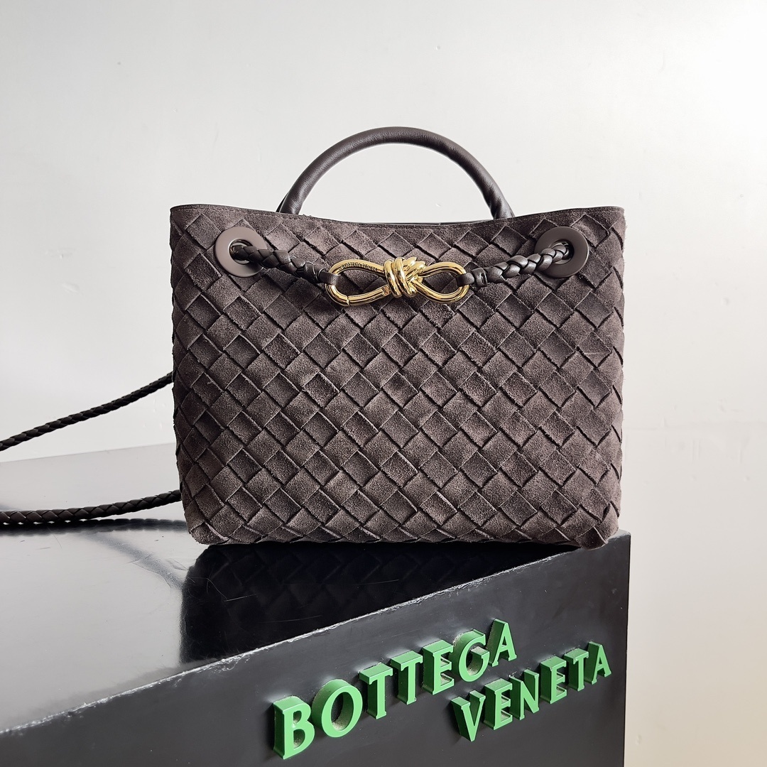 Bottega Veneta Small Andiamo Top Handle Bag featuring the brand's signature Intrecciato woven design in suede.