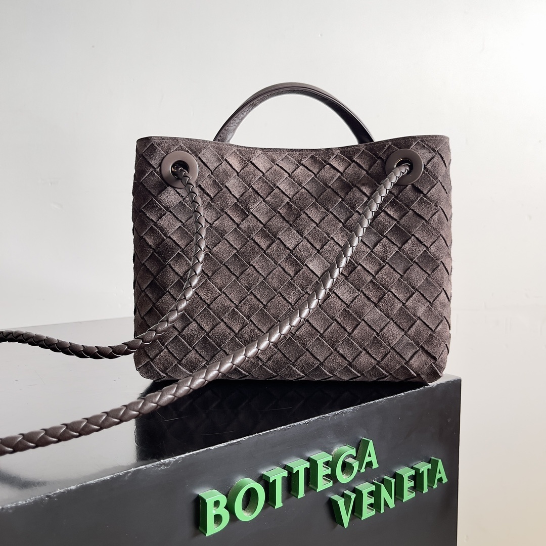 Bottega Veneta Small Andiamo Top Handle Bag featuring the brand's signature Intrecciato woven design in suede.