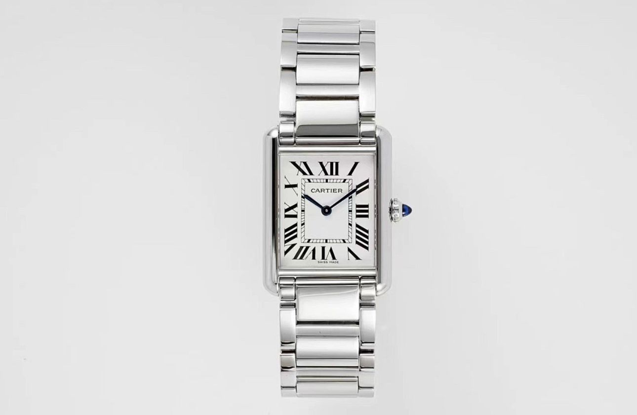 Cartier Tank Must de Cartier watch, with a rectangular steel case and steel bracelet.