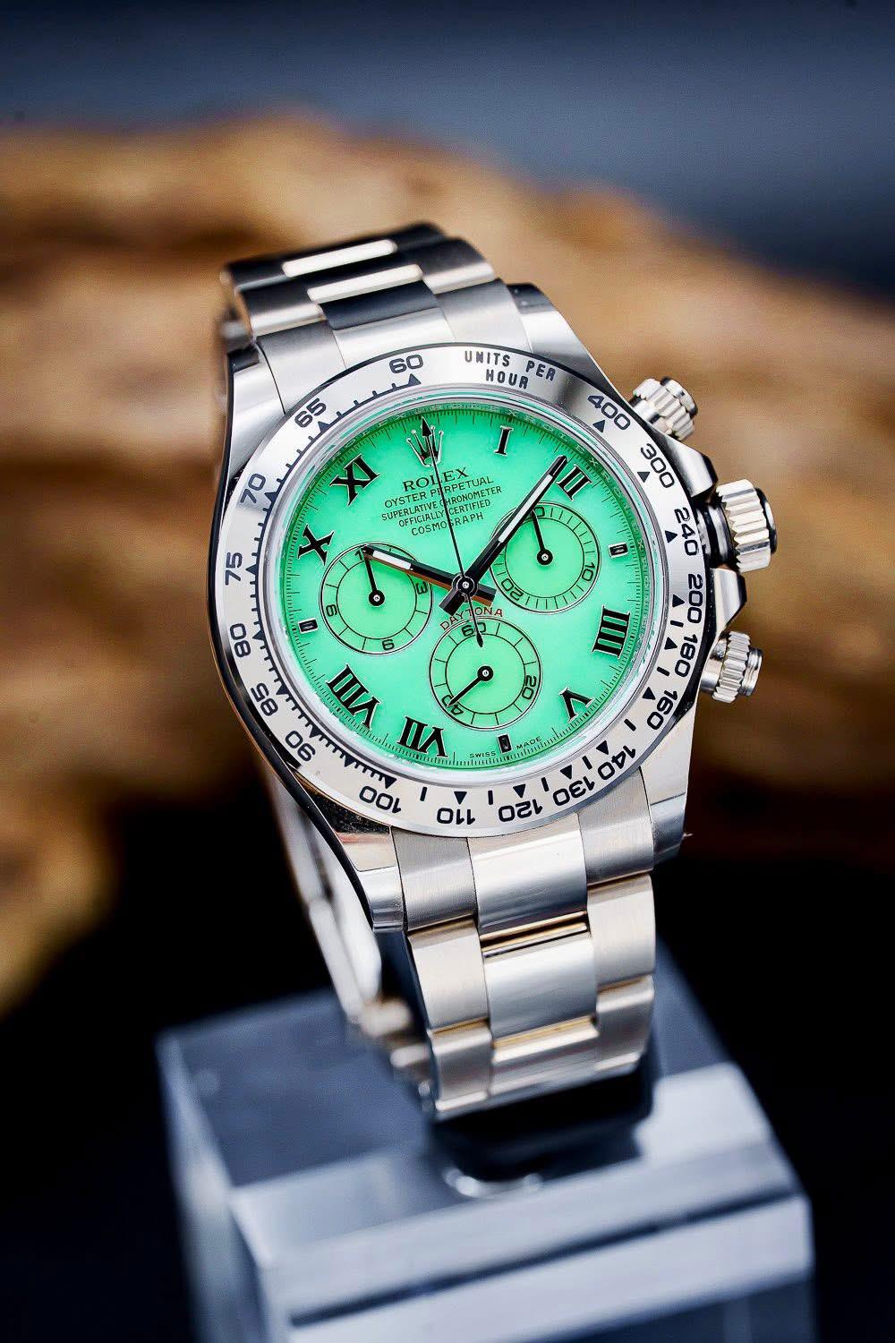 Rolex Daytona Beach reference 116509 or 116519 featuring a unique green chrysoprase stone dial and 18k white gold case.