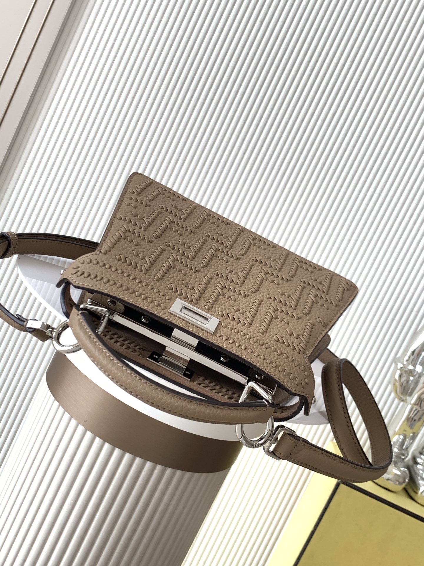 Fendi Small Peekaboo ISeeU tote bag featured in light brown with a signature turn-clasp fastening