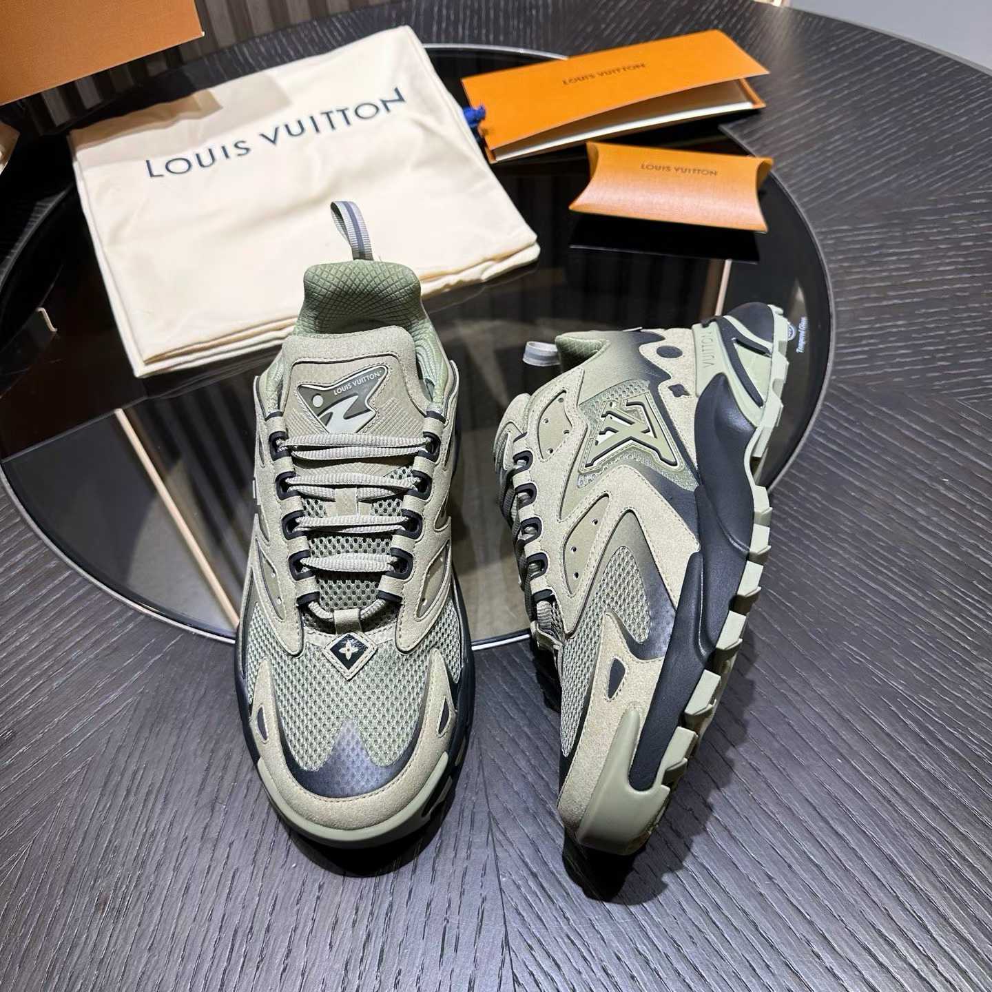 LV Runner Tatic sneaker in an earthy color palette, featuring a mix of technical materials like mesh and suede calf leather